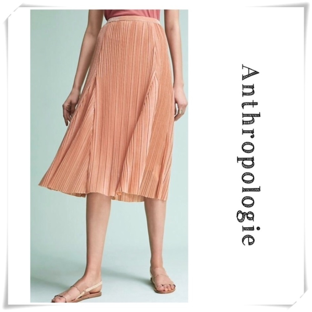 ANTHROPOLOGIE Maeve Ambra Pleated Flowy Flare Midi Skirt Metallic Pink Size M